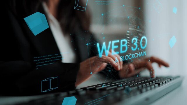 Business professional engaging with digital interface showcasing concepts of Web 3.0 and blockchain technology while using a keyboard. Entropy.