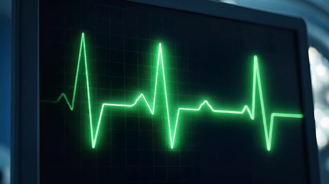 Neon green heartbeat ecg monitor display showing vital signs in a high tech medical hospital setting