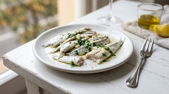 White Marinated Boquerones on Plate &ndash; Spanish Tapas Food Stock Photo