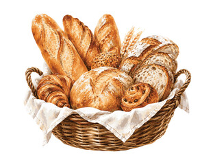 Artistic Watercolor Illustration of a Wicker Basket Filled with Assorted Baked Goods. © Hato