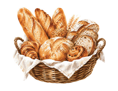 Artistic Watercolor Illustration of a Wicker Basket Filled with Assorted Baked Goods.