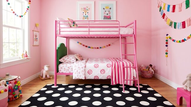 A vibrant pink bedroom for children with a bunk bed and polka dot rug
