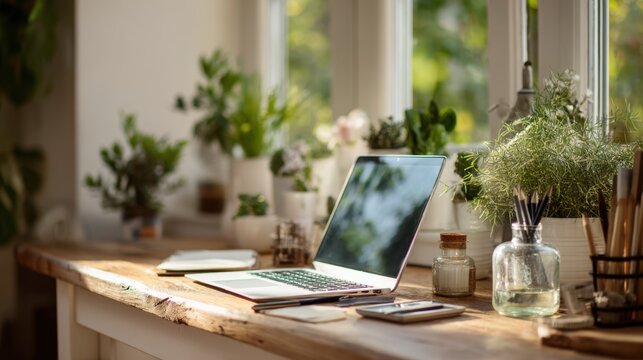 Bright Home Office Desk with Laptop and Indoor Plants Near Window