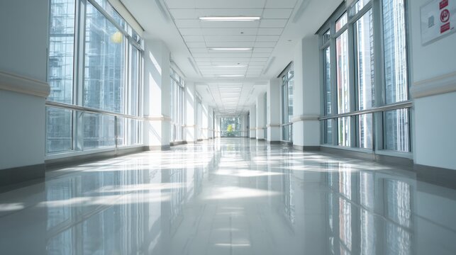 Bright Modern Hospital Corridor with Natural Light and Wide Walkways