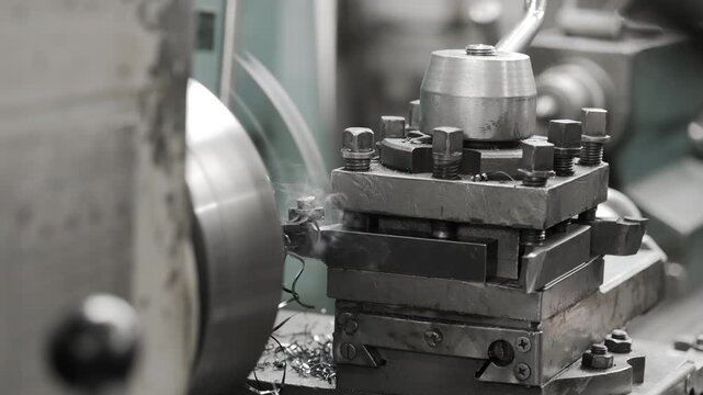 Close up of metal turning operation on a lathe machine in a manufacturing workshop. Precision machining, metalworking and industrial production with visible cutting tool and sparks.