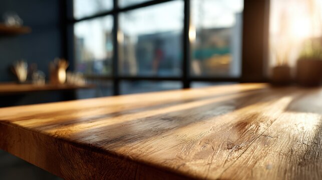 Close-up of a Wooden Table Surface in a Modern Room with Large Windows