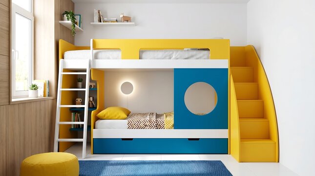 Modern bunk bed with yellow and blue accents in a childs bedroom
