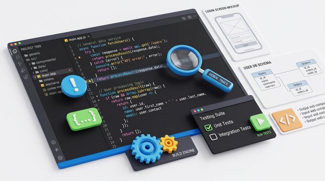 Software development coding interface with project tree structure, user database schema design