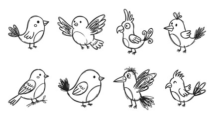 Cute Hand-Drawn Bird Characters Set, Cartoon Style, Sketchy Outline © Wagiman Studio