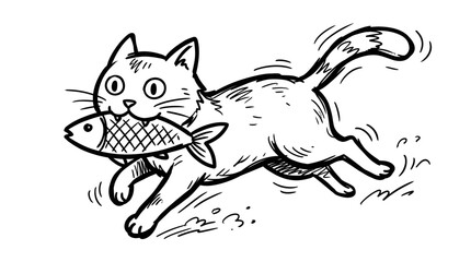 Obraz premium Happy Cat Running with Fish in Mouth - Cute Cartoon Drawing