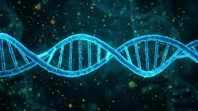 Glowing blue dna helix molecule genetic background represents advanced biotechnology research, showing detailed microscopic cell structure, digital particle concept, scientific wonder