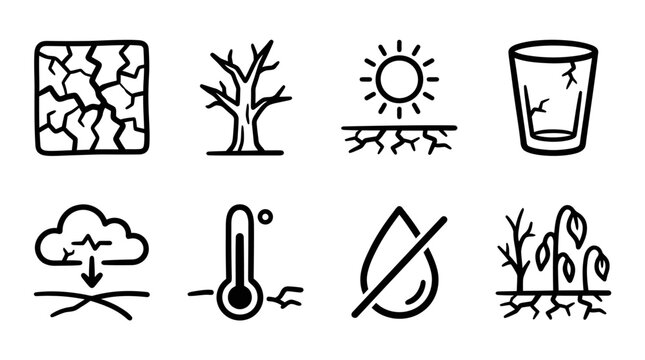 Drought Icons: Cracked Earth, Dead Tree, Sun, Dry Glass, Rain Cloud, Thermometer, No Water, Wilting Plants