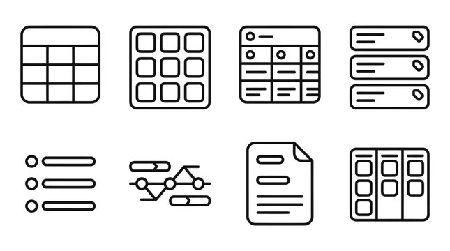 Set of 8 UI Icons: Tables, Grids, Lists, Documents, Kanban Boards, Flowcharts
