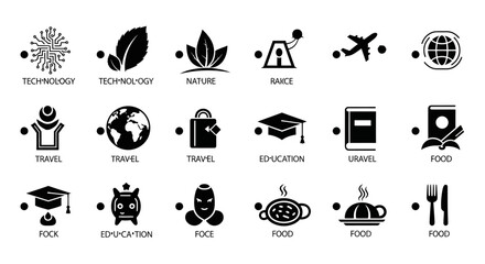 Collection of Vector Icons: Technology, Travel, Food, Nature, Education, Race, Hack © aji