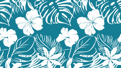 Tropical floral pattern with white flowers and leaves on blue Background © Sixer's Design