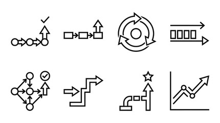 Fototapeta premium Process flow icons: business steps, progress, growth, workflow, strategy, data analysis