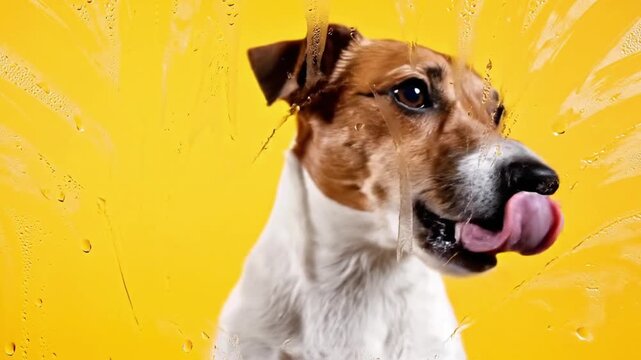 Jack russell terrier dog licks glass at home during daytime, showing curious behavior and playful spirit