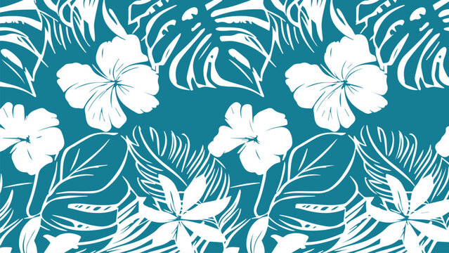 Tropical floral pattern with white flowers and leaves on blue Background