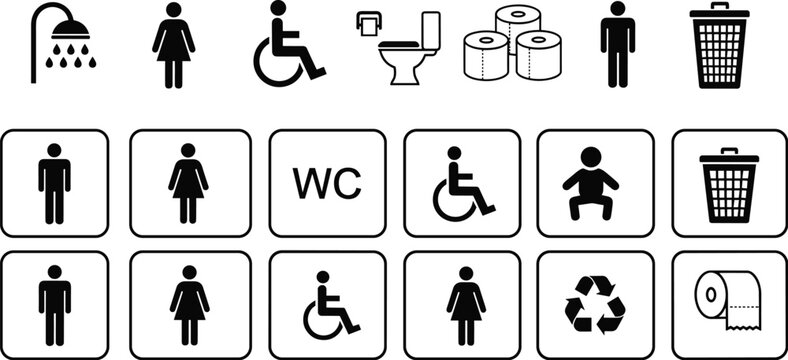 Public restroom signage icon set with toilet, shower, wheelchair accessibility, baby changing station, hygiene waste disposal, flat vector illustration