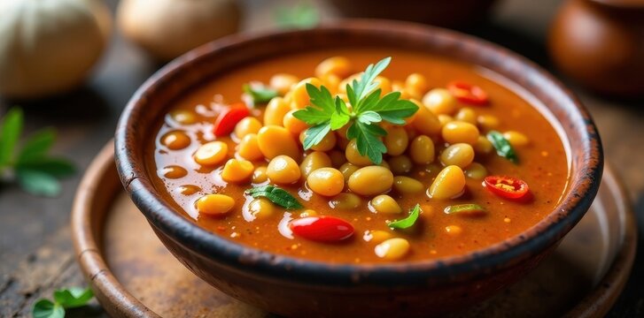 Colorful dhal dish with split red lentils, onions, garlic, ginger, and chilies in a ceramic bowl , dhal, colorful, meal prep