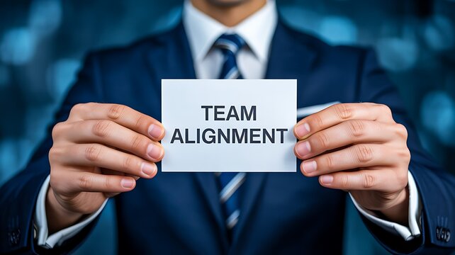 Businessman holding team alignment message for corporate teamwork concept