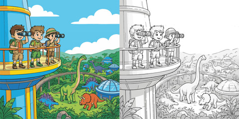  children visiting dinosaur world theme park cartoon clipart and lineart print vector illustration for color coloring book © Avijit