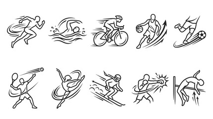 Obraz premium Diverse Sports Icons: Running, Swimming, Cycling, Basketball, Soccer, Tennis, Dancing, Skiing, Boxing, High Jump