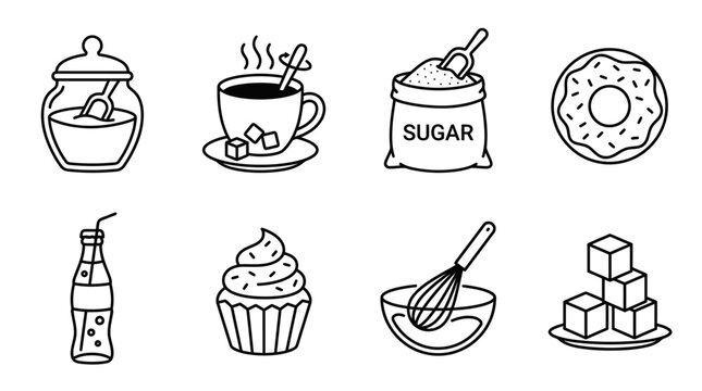 Sweet Treats and Drinks Icons: Coffee, Donut, Cupcake, Soda, Sugar, Whisk, Sugar Bowl
