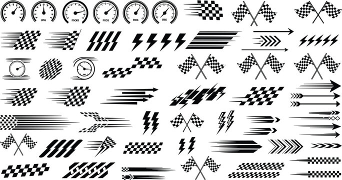 Racing speed icons, motorsport vector graphics, checkered flag design, speedometer decals artwork, dynamic motion streaks, lightning bolt symbols, flat vector illustration