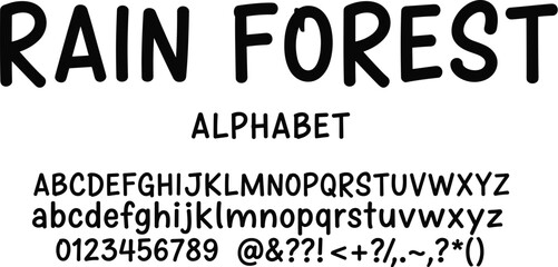 Fototapeta premium Rain Forest font icon collection, playful alphabet artwork design, handwritten motif concept, typography theme illustration, flat vector illustration