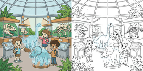  children visiting dinosaur world theme park cartoon clipart and lineart print vector illustration for color coloring book © Avijit