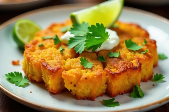 Crispy yuca frita topped with cilantro and lime wedges , latin cuisine, appetizer, yellow