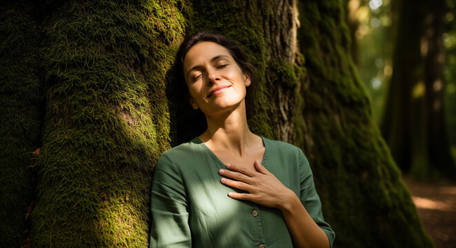 Smiling woman leaning on large mossy tree in quiet woods perfect for nature connection and health relaxation