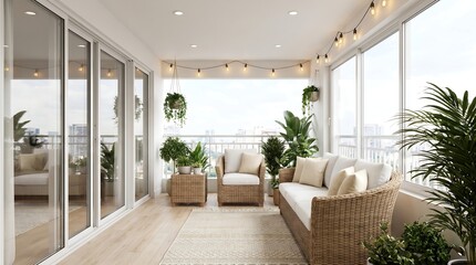 Fototapeta premium Cozy modern balcony sunroom with wicker furniture and lush green plants