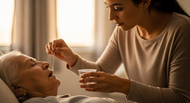 Professional young female caregiver assisting a bedridden elderly woman with oral hydration and hygiene using a swab and water cup in home care.