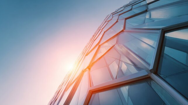 Modern glass skyscraper with reflective windows reaching towards clear sky at sunset