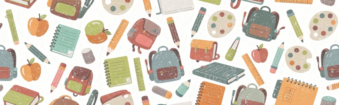 back to school seamless pattern with colorful hand drawn notebooks, backpacks, pencils and apple