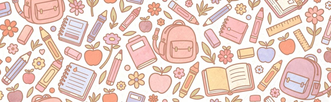 pastel back to school seamless pattern with backpacks, pencils, notebooks, and apples
