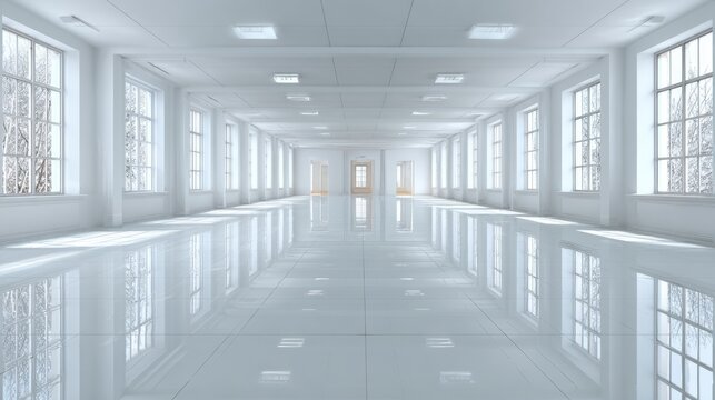 Bright Spacious Empty Room with Large Windows and Reflective Floor