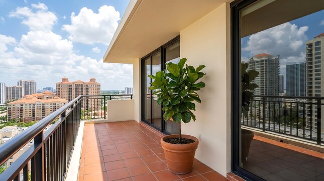 Spacious balcony with potted fiddle leaf fig and city skyline view