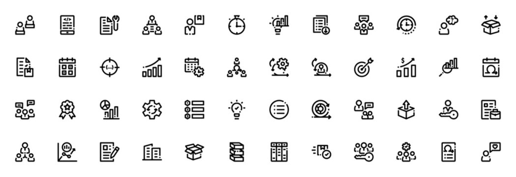Agile icon set. Project management vector icons pack. Minimalist line icons. Featuring Scrum, Sprint, Kanban, Users, Product, Meeting, Team, Graph, Calendar and more.