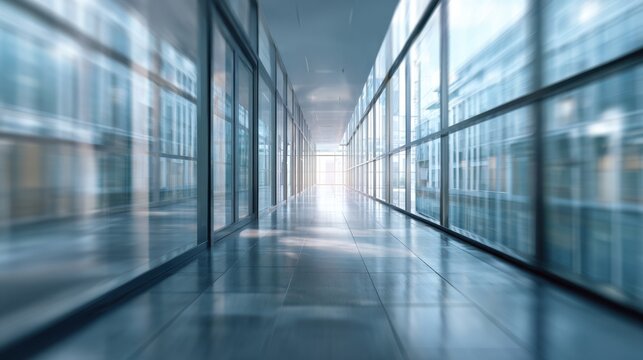 Modern glass corridor in a high-rise building with reflective walls