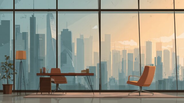 Modern High-Rise Office Interior with Cityscape View and Stylish Furniture