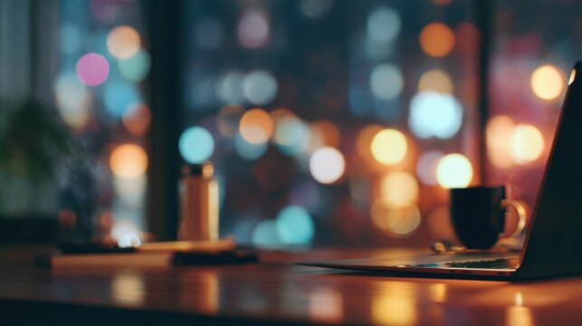 Modern Workspace Desk with Laptop and City Lights View at Night