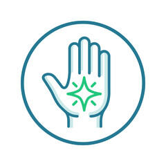 Fototapeta premium Hand reaching out towards green sparkling star in circle.