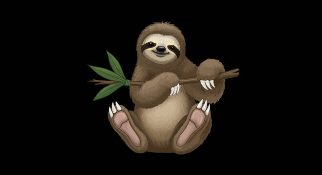 Cute cartoon sloth hanging on a branch with leaves, black background, illustration