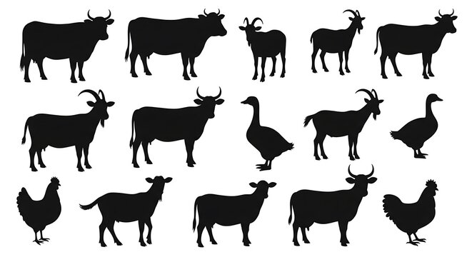 Farm Animals Silhouettes Collection Vector Illustration.