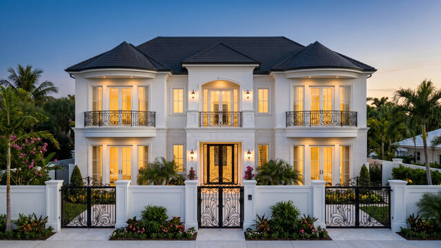 A stunning modern luxury white mansion with symmetrical architecture, elegant curved balconies, ornate black wrought-iron railings, large glass French windows, and a dark charcoal hip roof. The proper