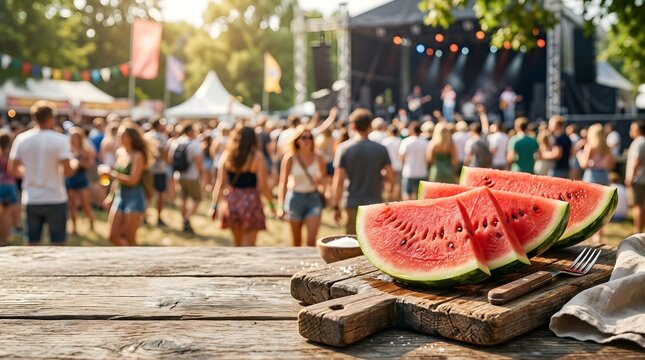 Slices of fresh watermelon on wooden board at a sunny outdoor music event