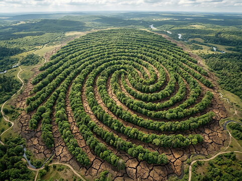Fingerprint shaped by concentric tree rows amidst barren cracked earth symbolizing environmental impact and change.